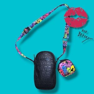 Betsey Johnson Black Crossbody Bag with Colorful Skull Strap
